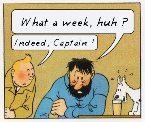 Meme de Tintin et Haddock qui devait à l'origine être publié la veille du pont de l'Ascension + 8 mai (j'ai oublié) 
- What a week, huh ?
- Indeed, Captain !