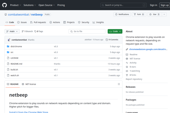 Screenshot of netbeep: Chrome extension to play sounds on network requests, depending on request type and file size