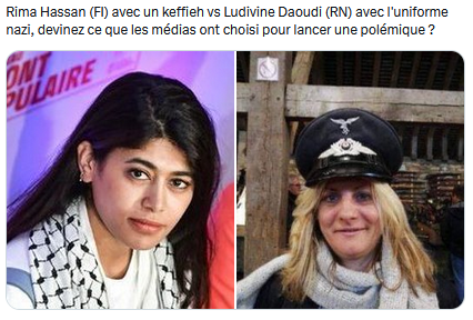 Rima Hassan (FI) avec un keffieh vs Ludivine Daoudi (RN) avec l'uniforme nazi, devinez ce que les médias ont choisi pour lancer une polémique ?