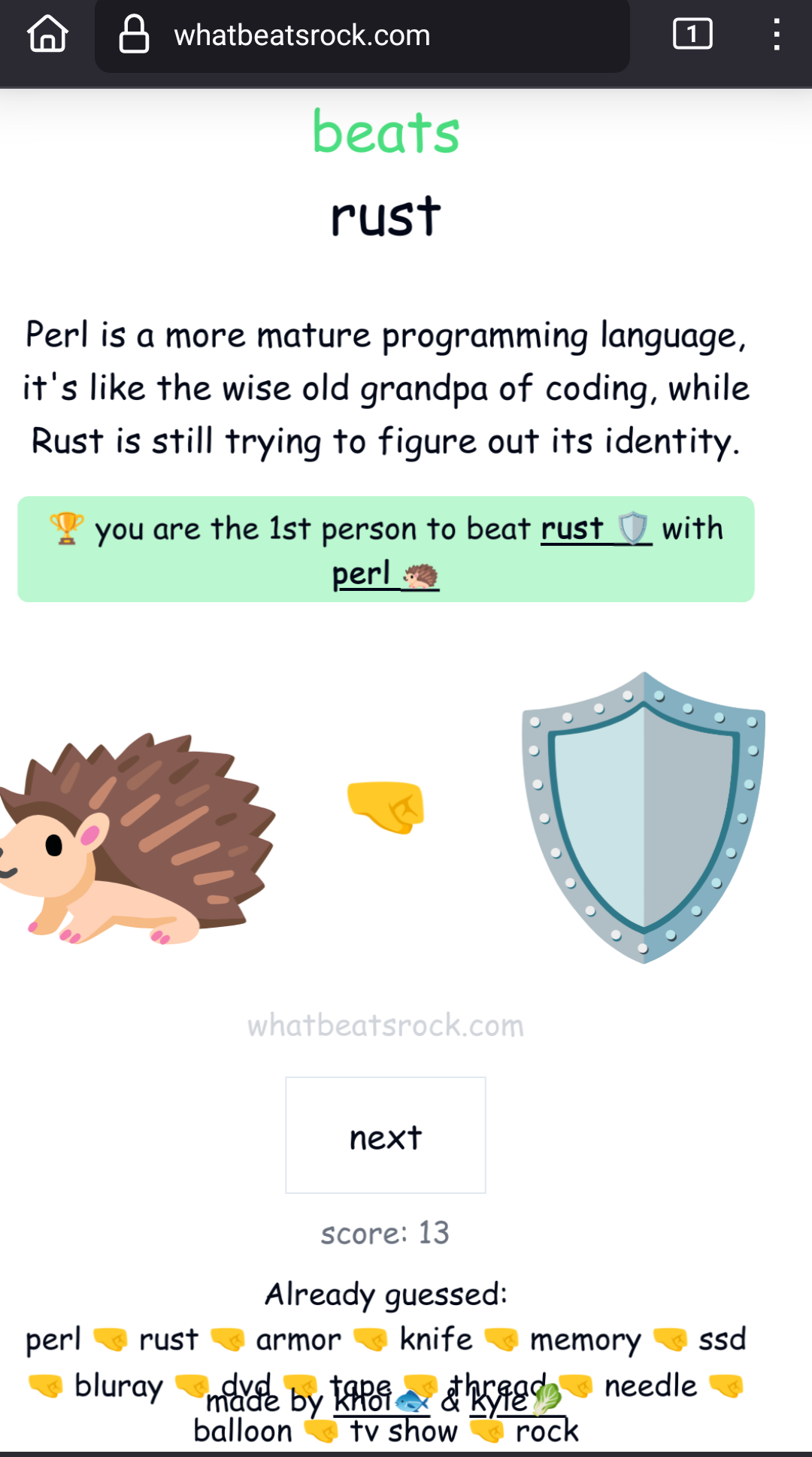 Perl beats Rust.

Perl is a more mature programming language, it's like the wise old grandpa of coding, while Rust is still trying to figure out its identit