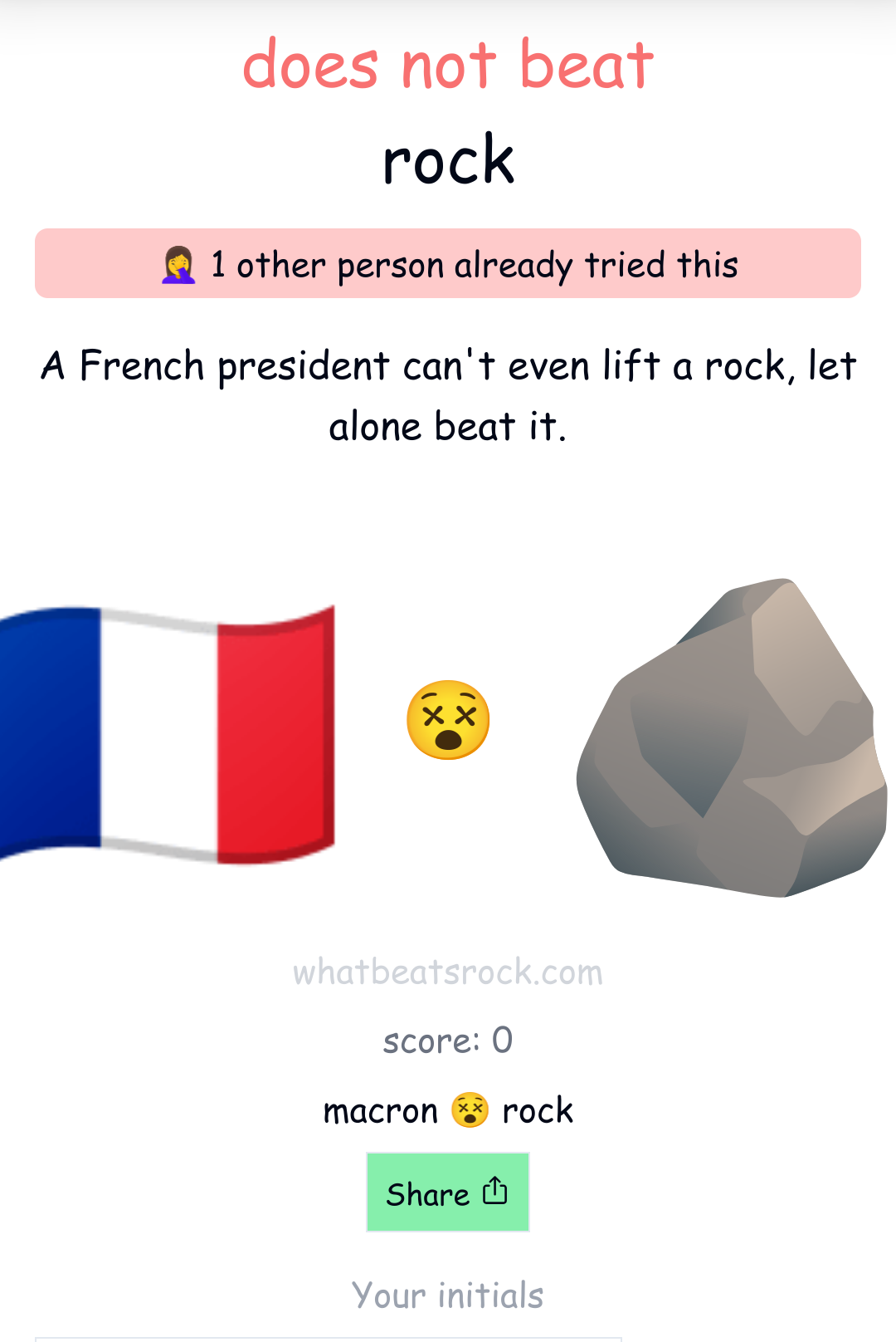 Macron does not beat rock

A French president can't even lift a rock, let alone beat it.
