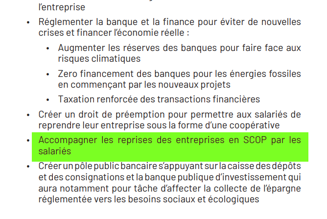 Un paragraphe du programme du NFP, "Accompagner les reprises des entreprises en SCOP par les salariés&quot;, est surligné en jaune.