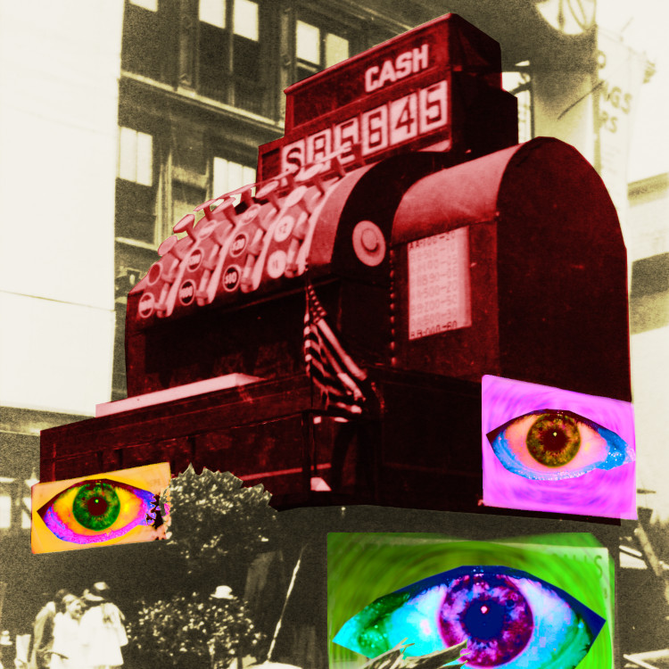 A WWII-era photo of a five-story tall prop cash register in front of an apartment block on a busy street. The image has been altered: it has been colorized, and three psychedelic staring eyes have been added to the cash register.