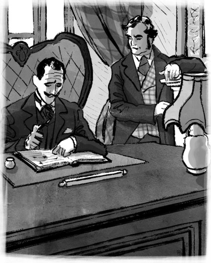 The Duke of Clarence seated at a large desk, is writing on a quire. The notebook has ink spots. His teacher stands nearby, leaning against a fireplace. The scene is illustrated in a monochrome style, emphasizing the characters