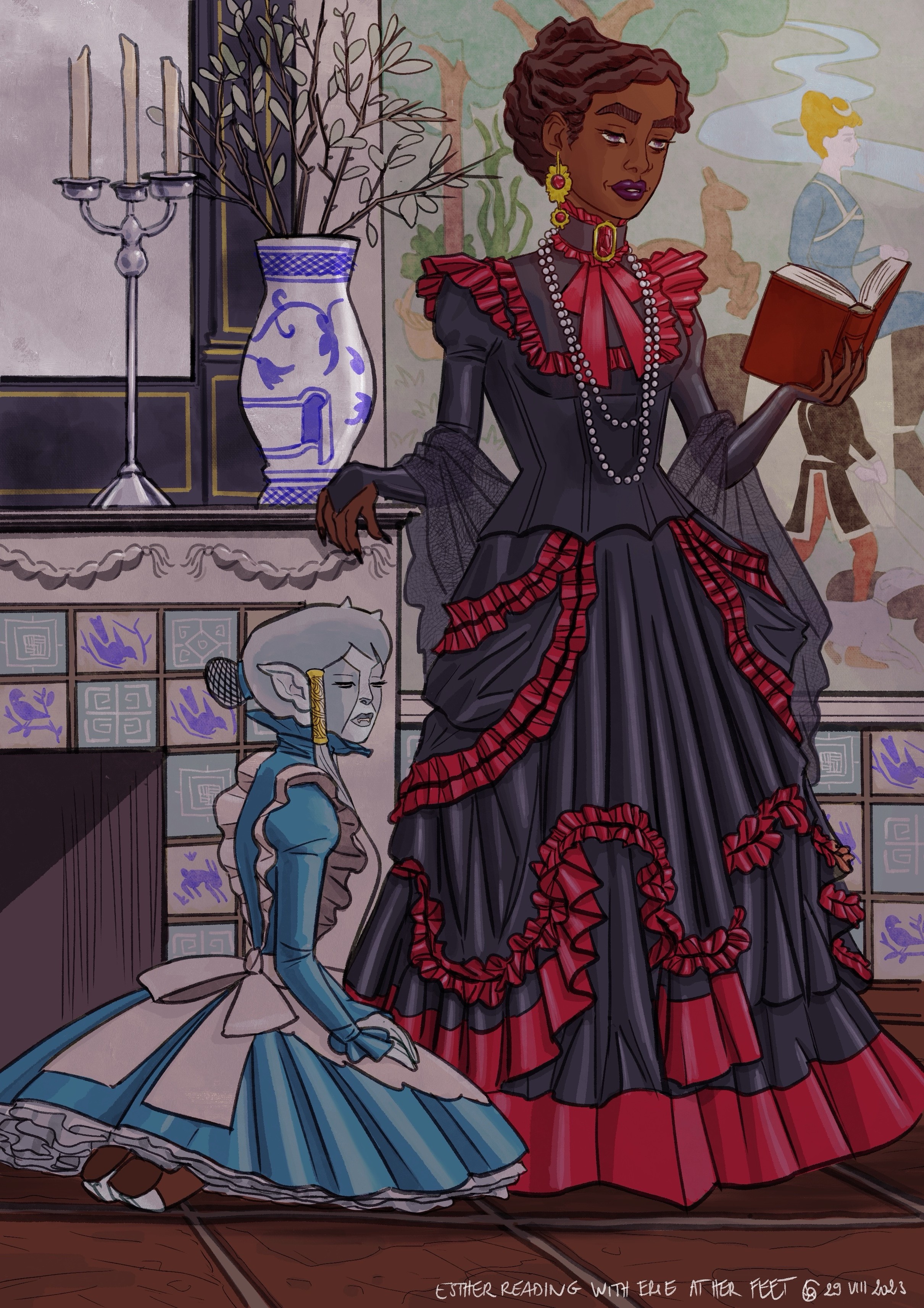 Illustration of two women in a Victorian-style setting. Esther stands gracefully, reading a book, wearing an elaborate black dress with red accents. Erie kneels beside her, dressed in a light blue maid outfit, looking up at her. In the background, a fireplace and a tapestry.