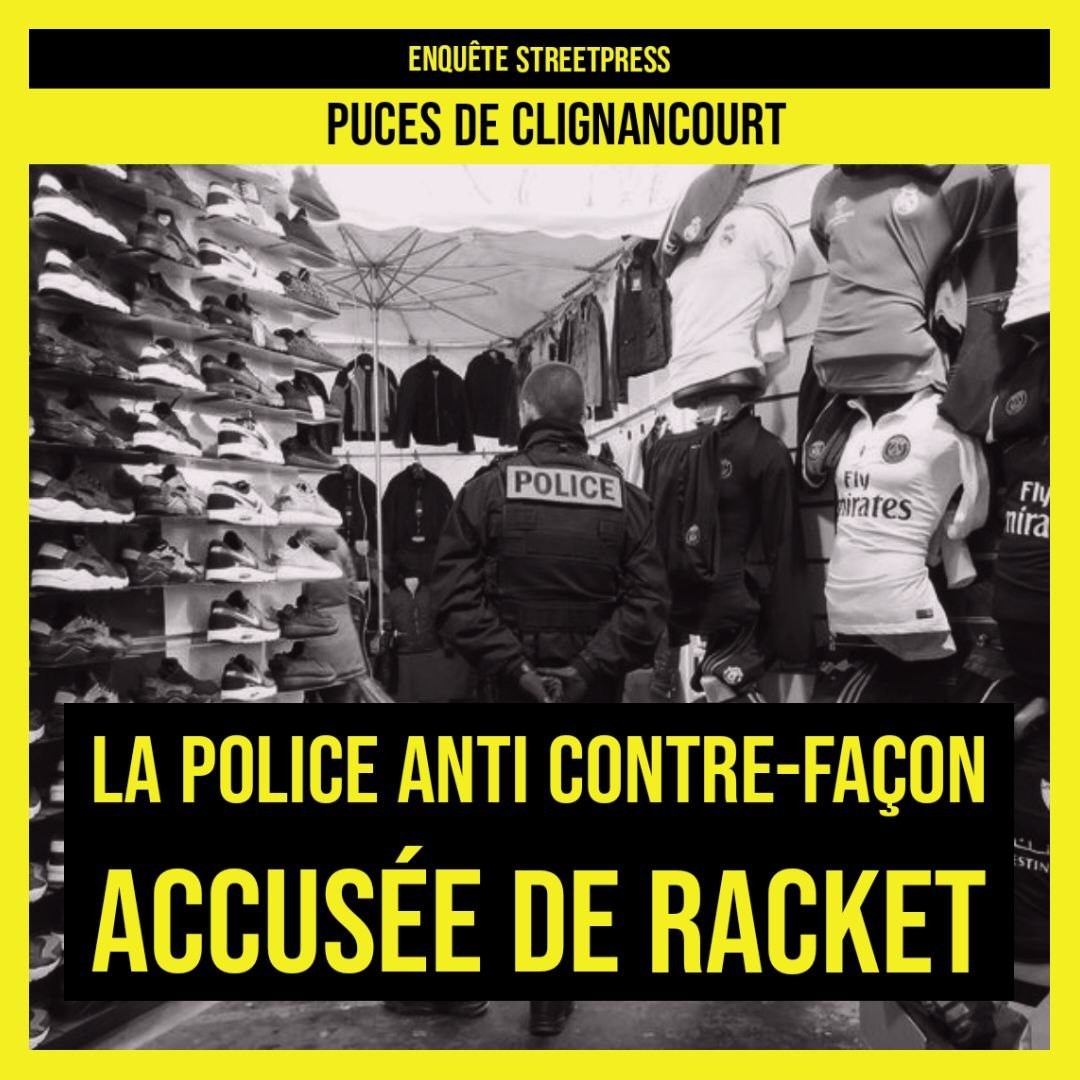 un policier de dos dans un magasin de vêtements et chaussures de sport légende : la police anti-contrefaçon accusée de racket