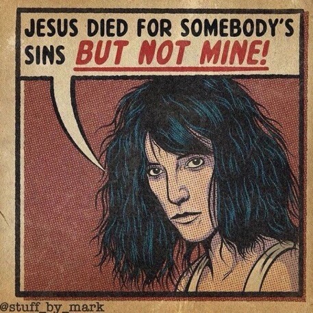 Portrait de Patti Smith avec une bulle de BD ou elle dit : "Jesus died for somebody’s sins BUT NOT MINE !&quot;