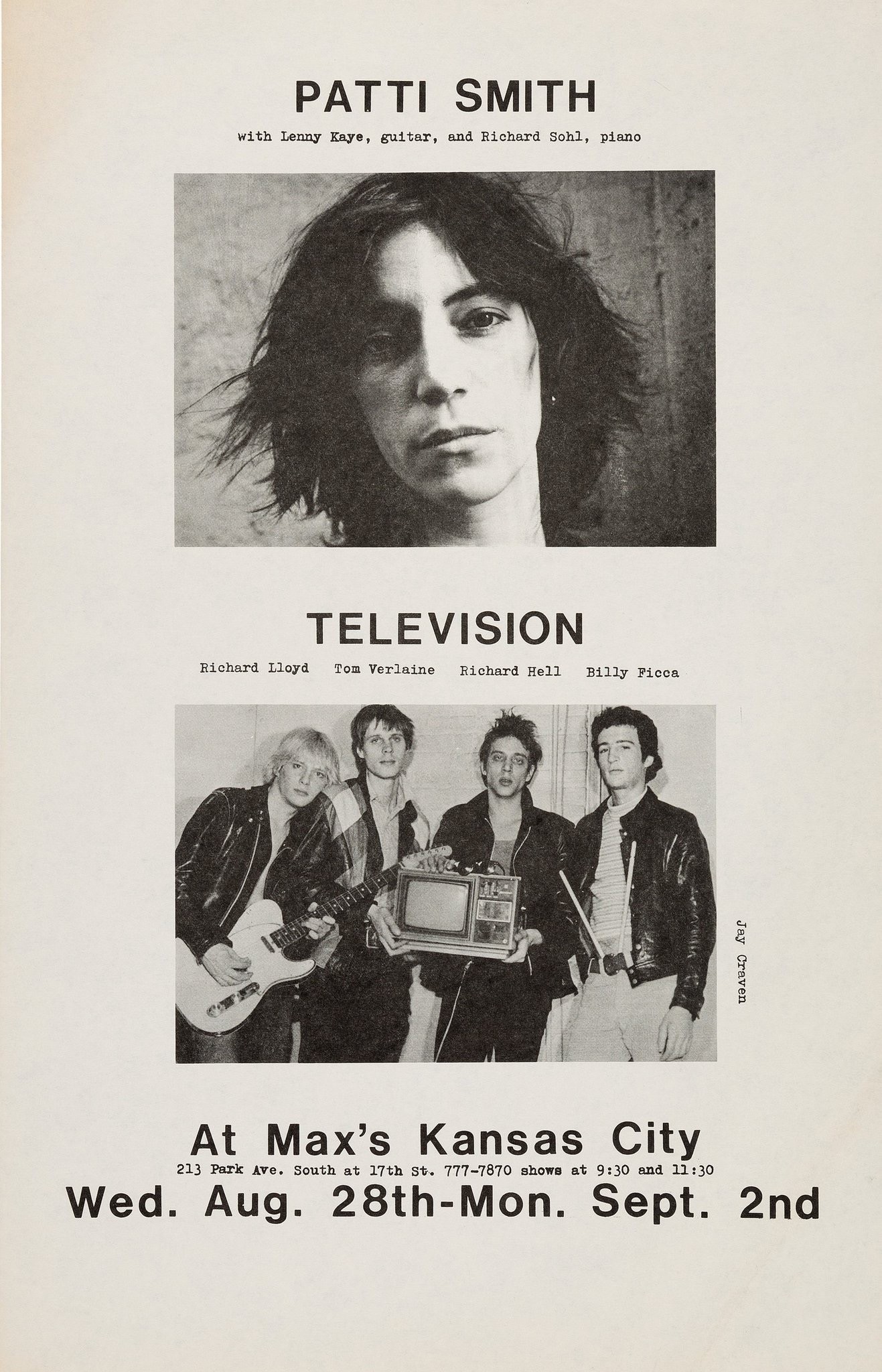 Affiche des premiers concerts au Max’s Kansas City a l’été 74 en ouverture de Television.