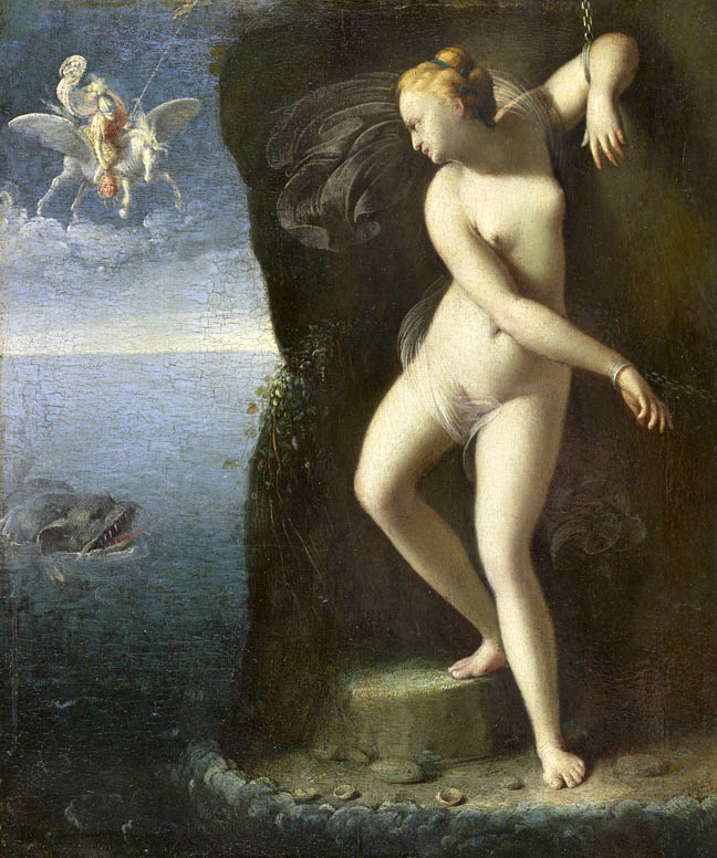 Andromède attachée de Carlo Saraceni (1600). On y voit au premier plan à droite une jeune femme blonde nue et attachée qui regarde vers l'arrière plan à gauche où on y voit un chevalier sur un cheval ailé. Sous lui il y a la mer avec la tête d'un monstre marin