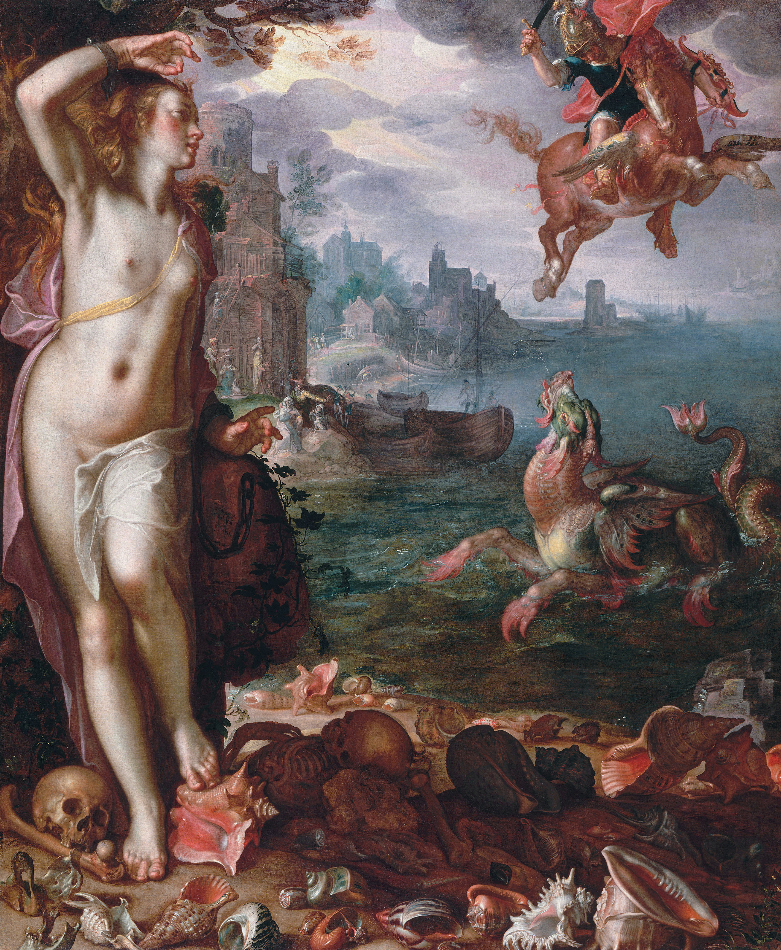 Persée et Andromède de Joachim Wtewael (1611). Andromède est toujours nue, blonde et attachée. Elle parait très jeune. Elle est au premier plan à gauche. On voit des squelettes à ses pieds. Elle regarde vers la droite, le regard un peu perdu. Sur la droite justement, au second plan, Persée sur Pégase combat un monstre marin. On voit une ville dans le fond