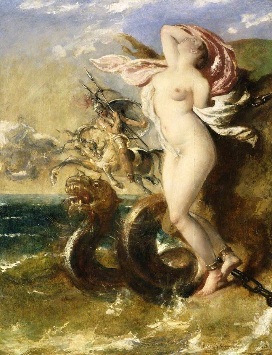 Andromède par William Etty, vers 1840. Andromède est blonde attachée et nue au premier plan à droite. Elle est dans une position assez sexualisée. Elle regarde vers le ciel. Juste derrière elle se tient une espèce de dragon sans bras qui est dans la mer. On voit au fond Persée et Pégase se diriger vers le monstre