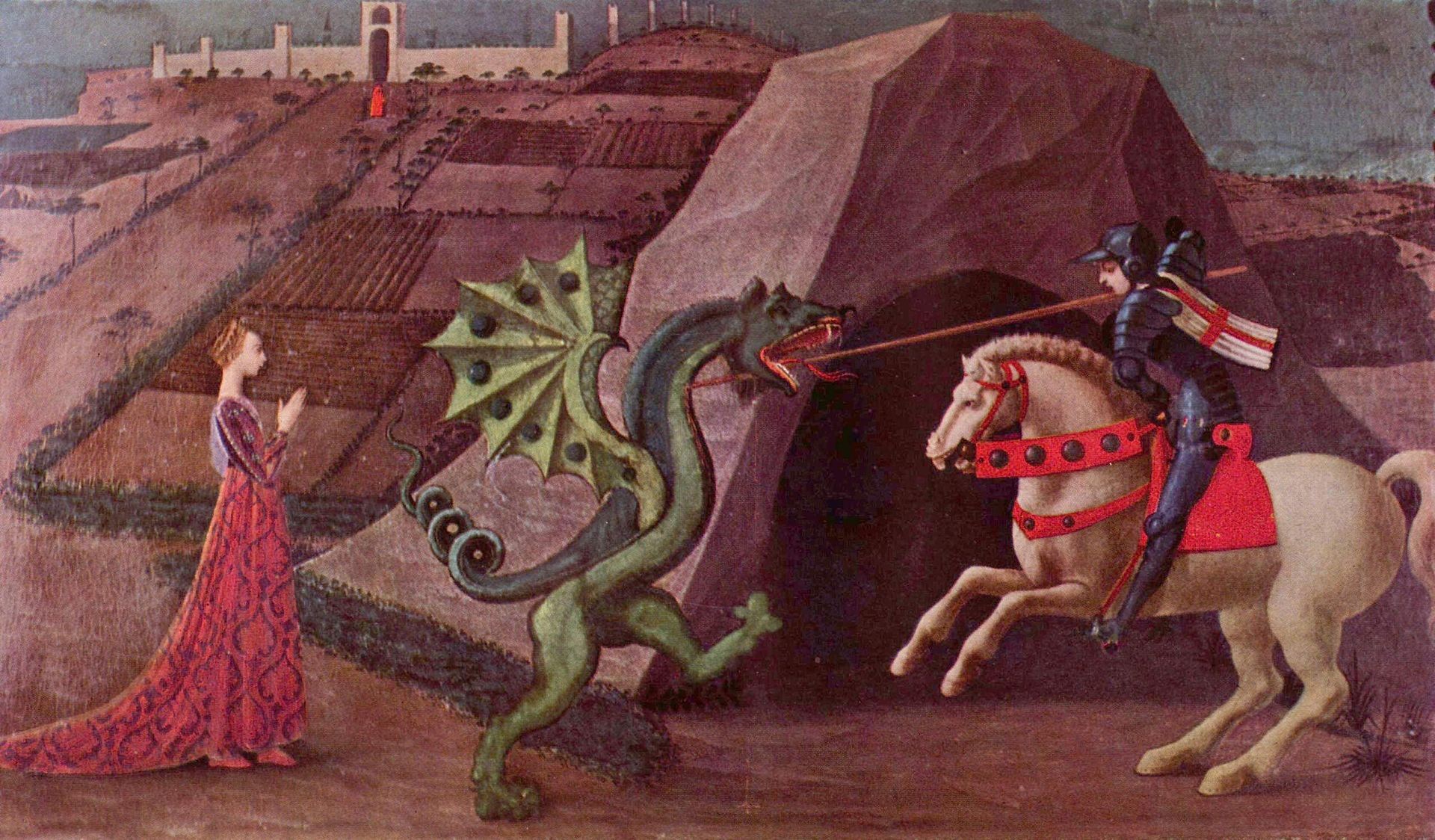 Saint Georges terrassant le dragon. Paolo Uccello, vers 1470. On y voit un chevalier sur un cheval à droite chargé un dragon. Derrière le dragon on y voit une dame habillée. Dragons chevaliers et dame sont au premier plan de profil. Au fond on voit des champs et une forteresse