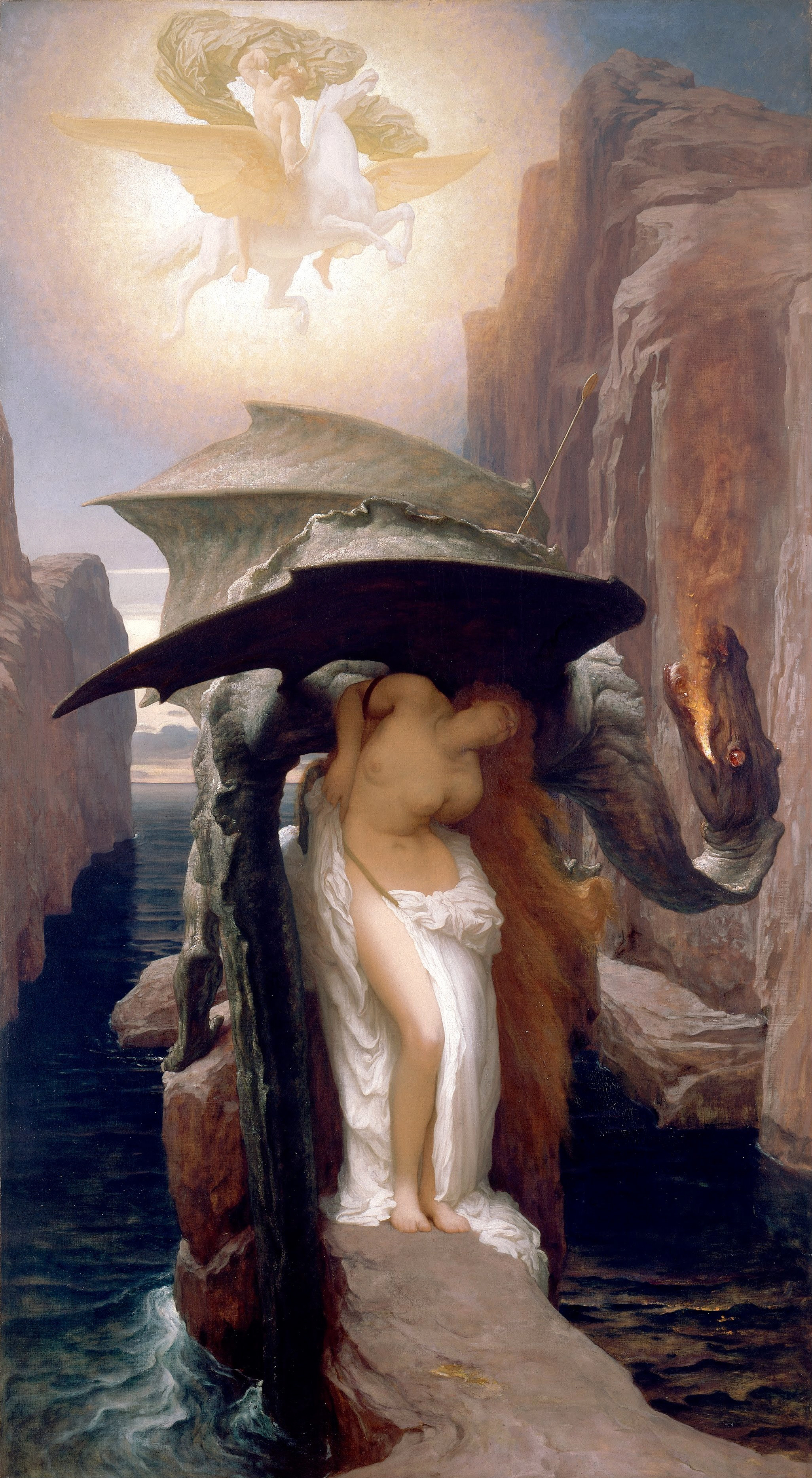 Tableau de Frederic Leighton, Persée et Andromède.  On y voit au premier plan au milieu une jeune femme presque nue dans une position assez sexualisée. Derrière elle, il y a un dragon perché qui a mis son aile au dessus d'elle comme pour la protéger. Au dessus d'eux, au fond dans un rayon de soleil, on voit un guerrier sur Pégase qui se dirige vers le dragon.
Le tableau est plus haut que large et il est peint dans un style préraphaélite