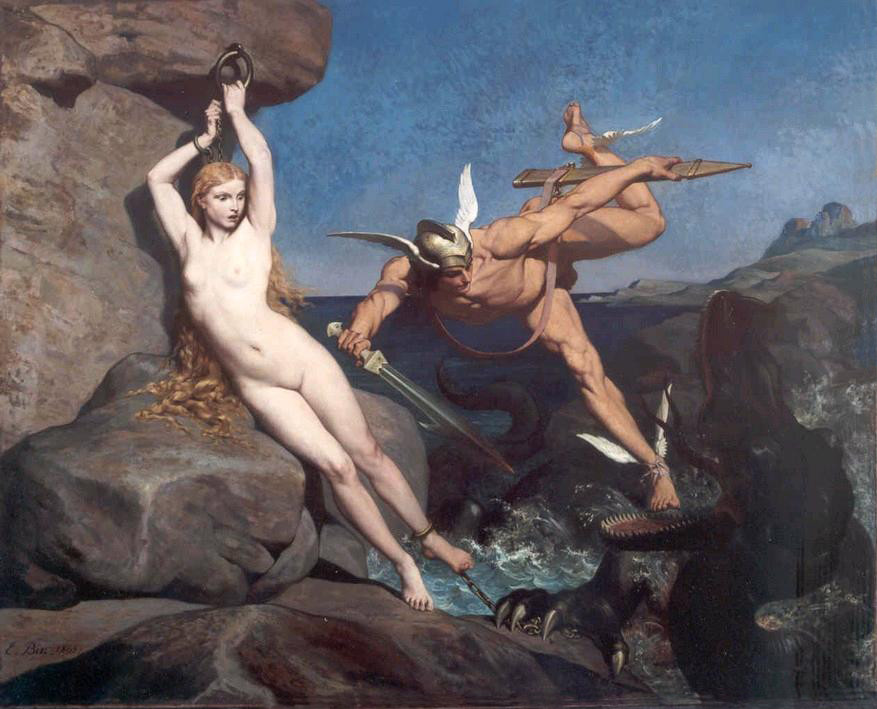 Emile Blin, Persée délivrant Andromède, 1865. Andromède est toujours nue, blonde et attachée. Un monstre marin est à ses pieds mais un homme nu vient s'interposer entre eux, le glaive à la main. il porte un casque ailé des sandales ailées et des gros muscles