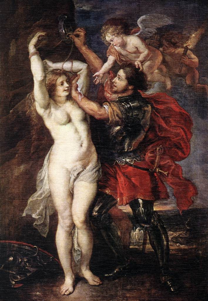 Peter paul Rubens, Persée qui libère Andromède. Comme le titre l'indique. Andromède est blonde blanche et souriante, Persée est en armure. Il y a deux angelot au dessus de lui, qui symbolisent l'amour naissant. D'ailleurs ils regardent avec de l'amour. Entre les jambes de Persée on voit la réponse à ma question en tout petit