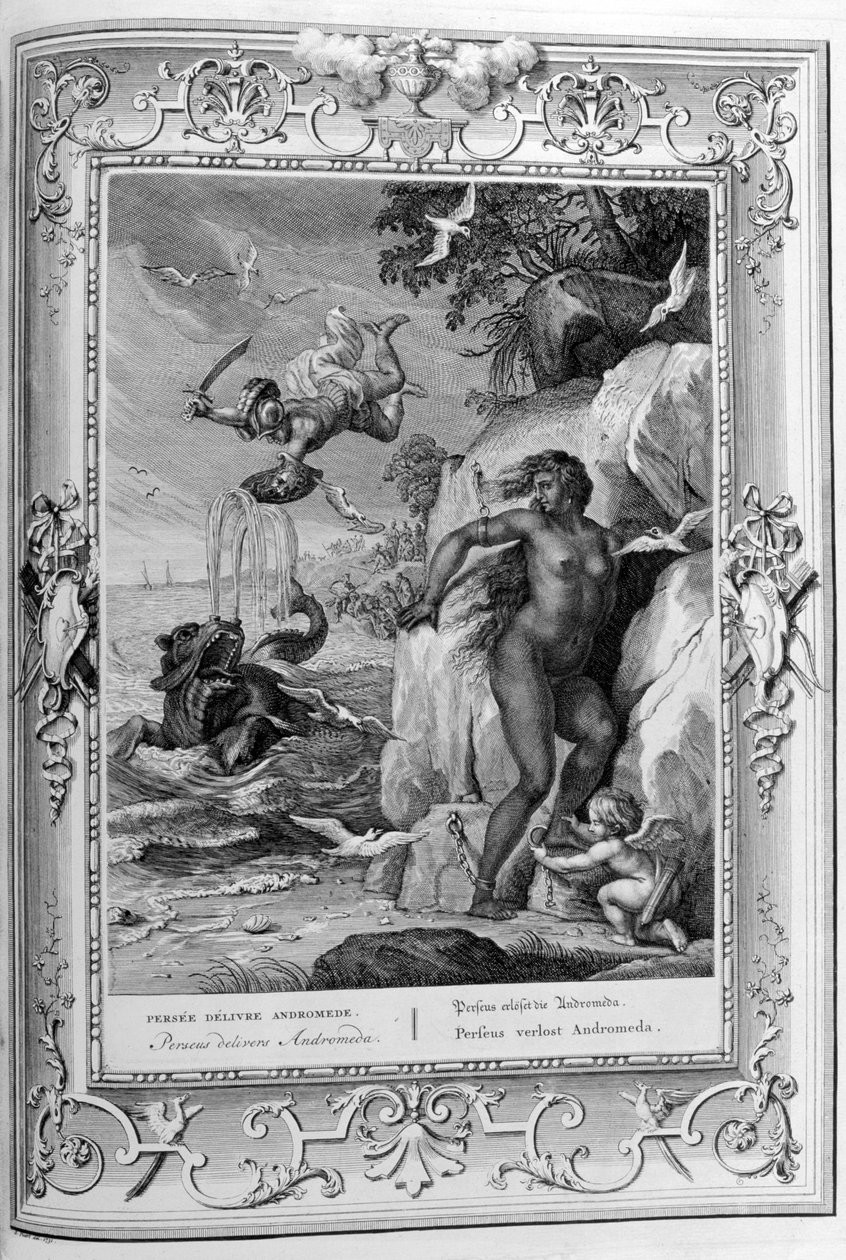 Bernard Picart, Persée qui délivre Andromède, XVIIIe siècle. C'est le même tableau que la plupart des autres sauf que Persée a ses sandales ailées et Andromède est noire. Il s'agit d'une gravure en noir et blanc