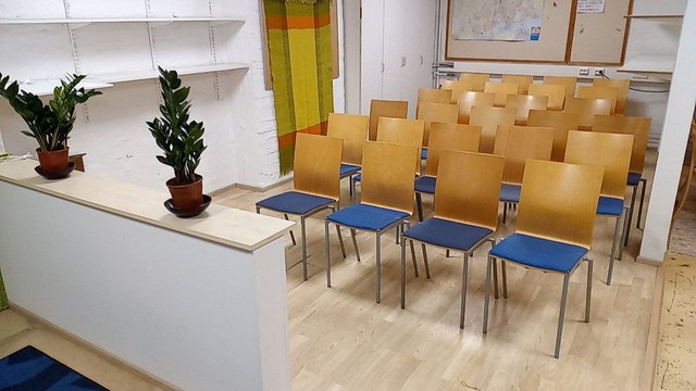 26 Martela Picco chairs in a corner of Kauppalantie 22, Helsinki