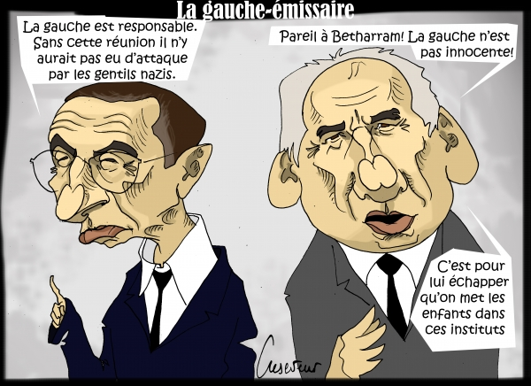 La gauche-émissaire Caricatures de Retailleau et Bayrou Retailleau prend la gauche pourresponsable: sans cette réunion il n'y aurait pas d'attaque des gentils nazis. Bayrou confirme. Pariel à Betharram! C'est pour lui échapper qu'on met les enfants <br />dans ces instituts.
