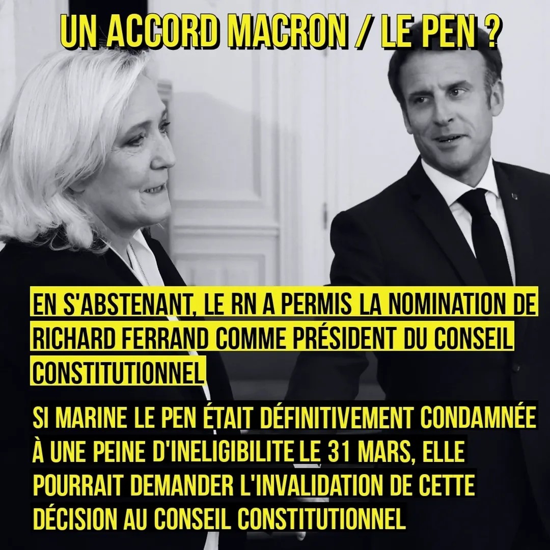 photo noir et blanc de Macron et Le Pen, lui la regardant