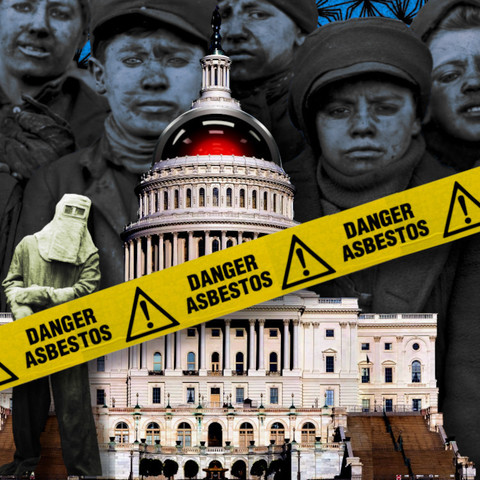 The capital building, crossed by a yellow hazmat tape emblazoned 'DANGER ASBESTOS.' Behind the tape stands a figure in an old-fashioned hazmat suit. In the background are the blown-up faces of a group of grubby, miserable child miners. The capital dome has been replaced with the glaring red eye of HAL 9000 from Kubrick's '2001: A Space Odyssey.'




Image:
Krd (modified)
https://commons.wikimedia.org/wiki/File:DASA_01.jpg

CC BY-SA 3.0
https://creativecommons.org/licenses/by-sa/3.0/deed.en

--

Cryteria (modified)
https://commons.wikimedia.org/wiki/File:HAL9000.svg

CC BY 3.0
https://creativecommons.org/licenses/by/3.0/deed.en

