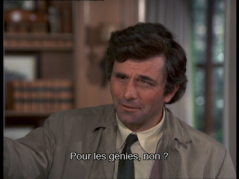 Columbo avec un sourire coquin qui demande si le Think Tank c'est "pour les génies, non ?" et à ce moment-là il sait qu'il va se faire le petit "génie" devant lui