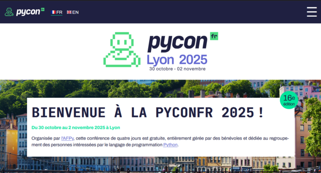 Ecran de capture de la nouvelle charte graphique du site pycon.fr, montrant les dates de l'évènement étant à Lyon au Campus René Cassin
