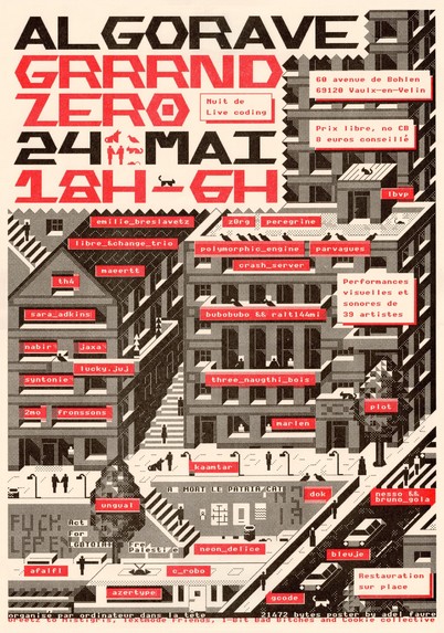 affiche algorave par Adel Faure en ascii art 24 mai 18h-6h à Grrrnd Zero