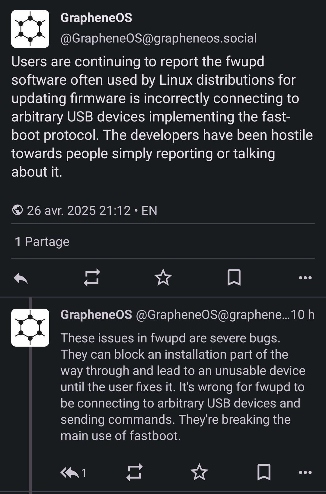 Screenshot du message d'accusation de GrapheneOS contre fwups et son développeur dit hostile
