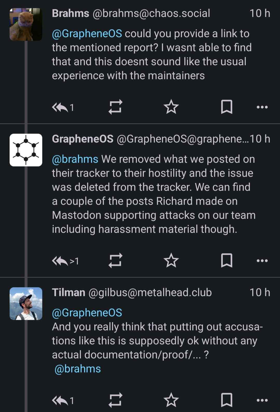 Message de GrapheneOS qui, quand on lui demande des preuves, explique qu'il a tout supprimé et que c'est à l'utilisateur qui lui a demander les preuves de chercher