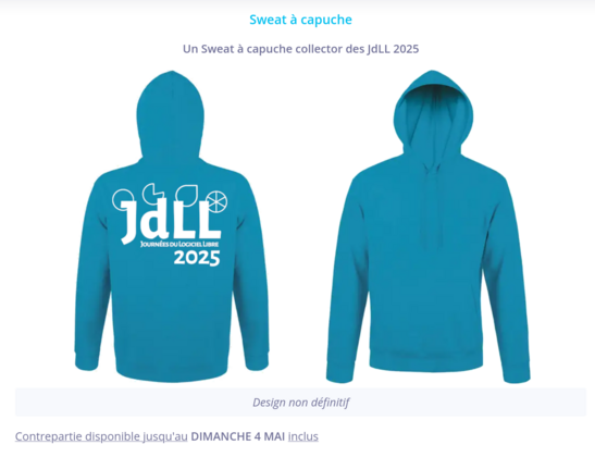 Un hoodie bleu ciel  COLLECTOR JdLL 2025 de face et de dos, il y a aussi un t-shirt pour les moins frileux