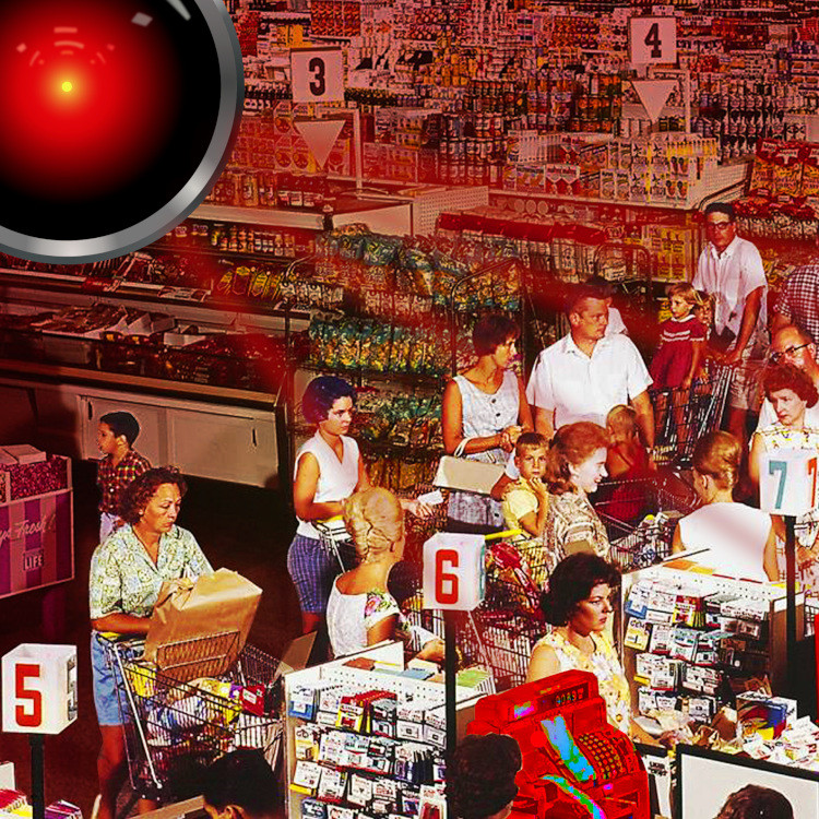 A busy 1950s grocery store. The scene has been altered: the massive, menacing, glaring red eye of HAL 9000 from Stanley Kubrick's '2001: A Space Odyssey' hovers over the store, shooting red beams into the cash register. The store -- but not the shoppers at its front -- is suffused with red light.

Image:
Cryteria (modified)
https://commons.wikimedia.org/wiki/File:HAL9000.svg

CC BY 3.0
https://creativecommons.org/licenses/by/3.0/deed.en
