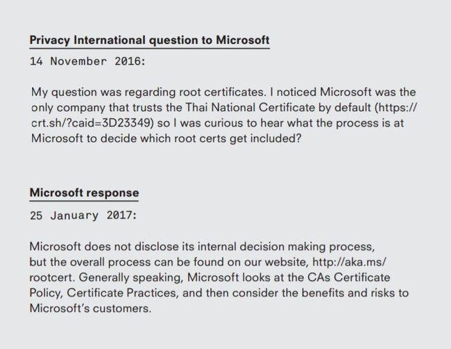 Microsoft seems to have replied more than two months later, saying it can’t disclose how it decided exactly to approve the Thai government certificate, but that the overall approval strategy is found on its website.