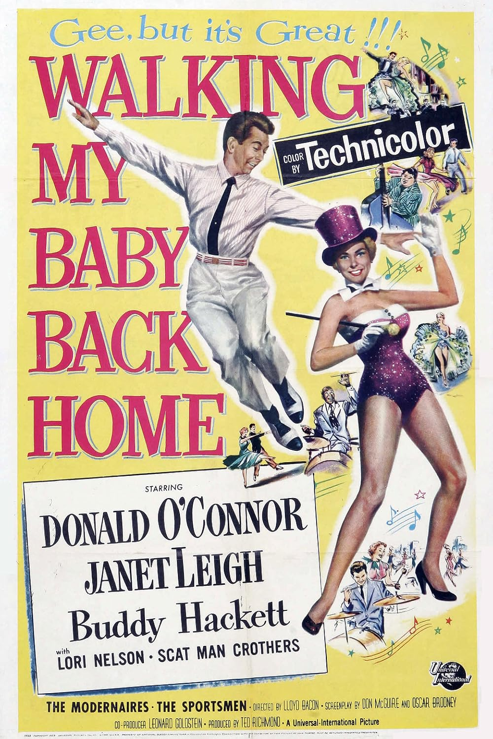 affiche colorée et dansante du film Walking my baby back home, starring Donald O'Connor et Janet Leigh affiche colorée et dansante du film Walking my baby back home, starring Donald O'Connor et Janet Leigh