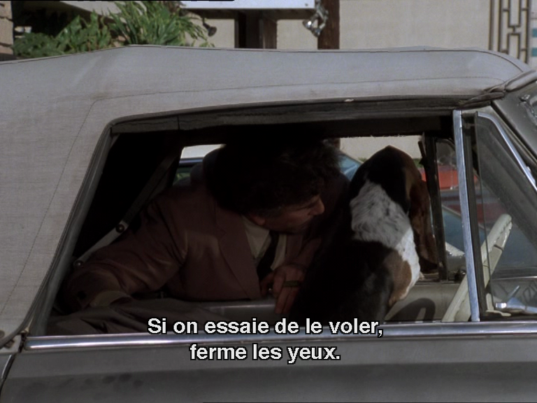 capture d'écran de la scène décrite par Elzen : Columbo pose son manteau dans la voiture et dit à son chien "Si on essaye de le voler, ferme les yeux". Le chien ne réagit pas. capture d'écran de la scène décrite par Elzen : Columbo pose son manteau dans la voiture et dit à son chien "Si on essaye de le voler, ferme les yeux". Le chien ne réagit pas.