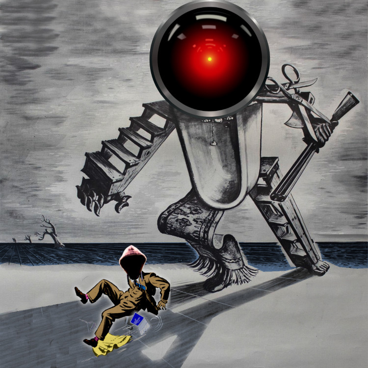 A giant junkbot made of, variously, a ladder, a bathtub, a set of rickety stairs, a slippery rug, a pair of scissors. It brandishes a double-barreled shotgun. Its head is the glaring red eye of HAL 9000 from Stanley Kubrick's '2001: A Space Odyssey.' It <br />is bearing down on a male suited figure who is in the process of slipping and falling on his ass. His head has been replaced by a hoodie, which casts his face into shadow. He has lost control of a laptop that is about to fall to the ground. It displays a <br />Windows Blue Screen of Death. Image: Cryteria (modified) https://commons.wikimedia.org/wiki/File:HAL9000.svg CC BY 3.0 https://creativecommons.org/licenses/by/3.0/deed.en