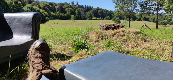 Depuis un salon d'été installé à côté de l'aire de pique-nique, vue sur la grande prairie du parc de Trevarez surplombe par le château.