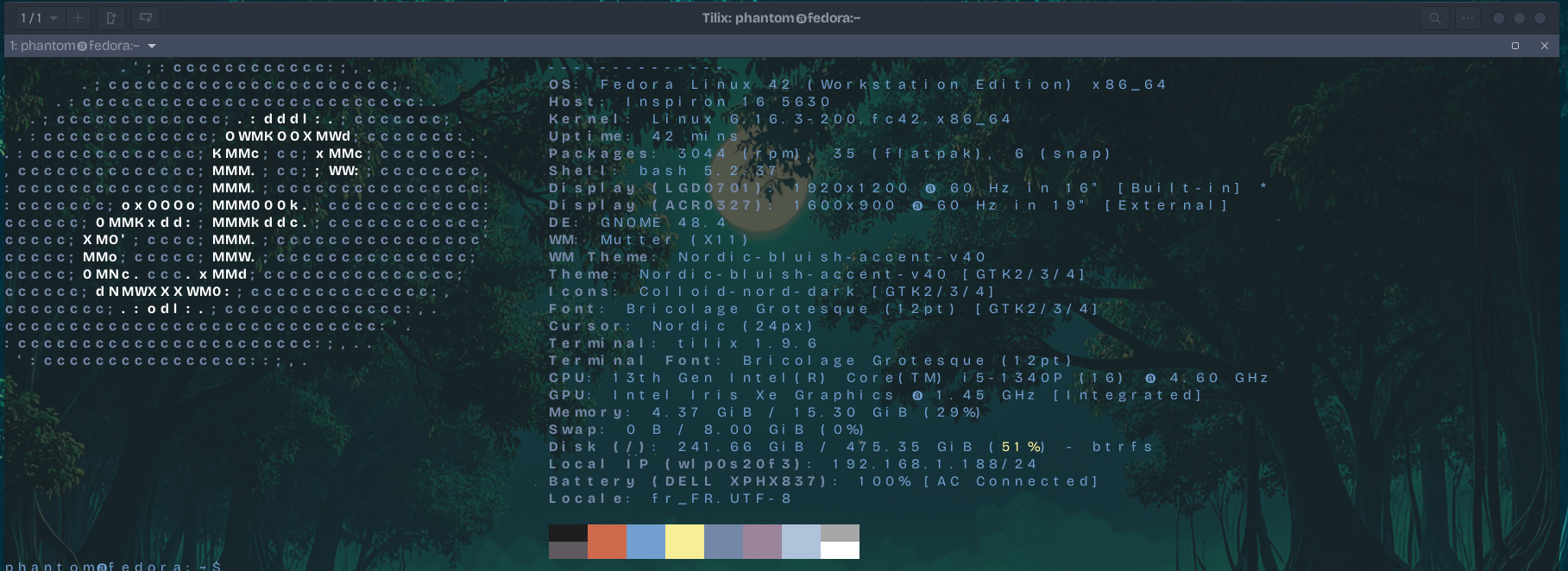 Capture d'écran de mon fastfetch sous fedora
#UnixPorn #DailyDesktop #ShareYourDesktop #Fedora 'é #Gnome #Gnu #Linux #Fastfetch 
