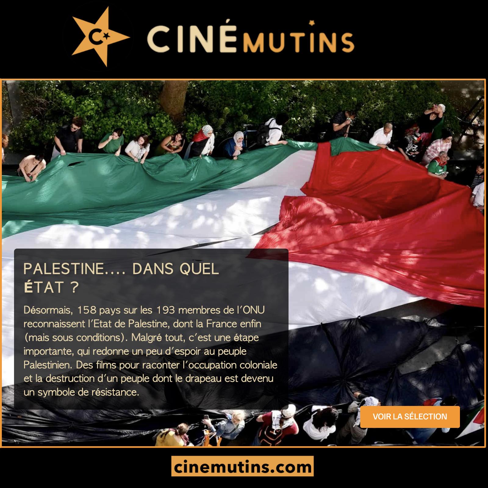 PALESTINE… DANS QUEL ÉTAT ?
Désormais, 158 pays sur les 193 membres de l’ONU reconnaissent l’État de Palestine, dont la France enfin (mais sous conditions). Malgré tout, c’est une étape importante, qui redonne un peu d’espoir au peuple Palestinien.
Des films pour raconter l’occupation coloniale et la destruction d’un peuple dont le drapeau est devenu un symbole de résistance.