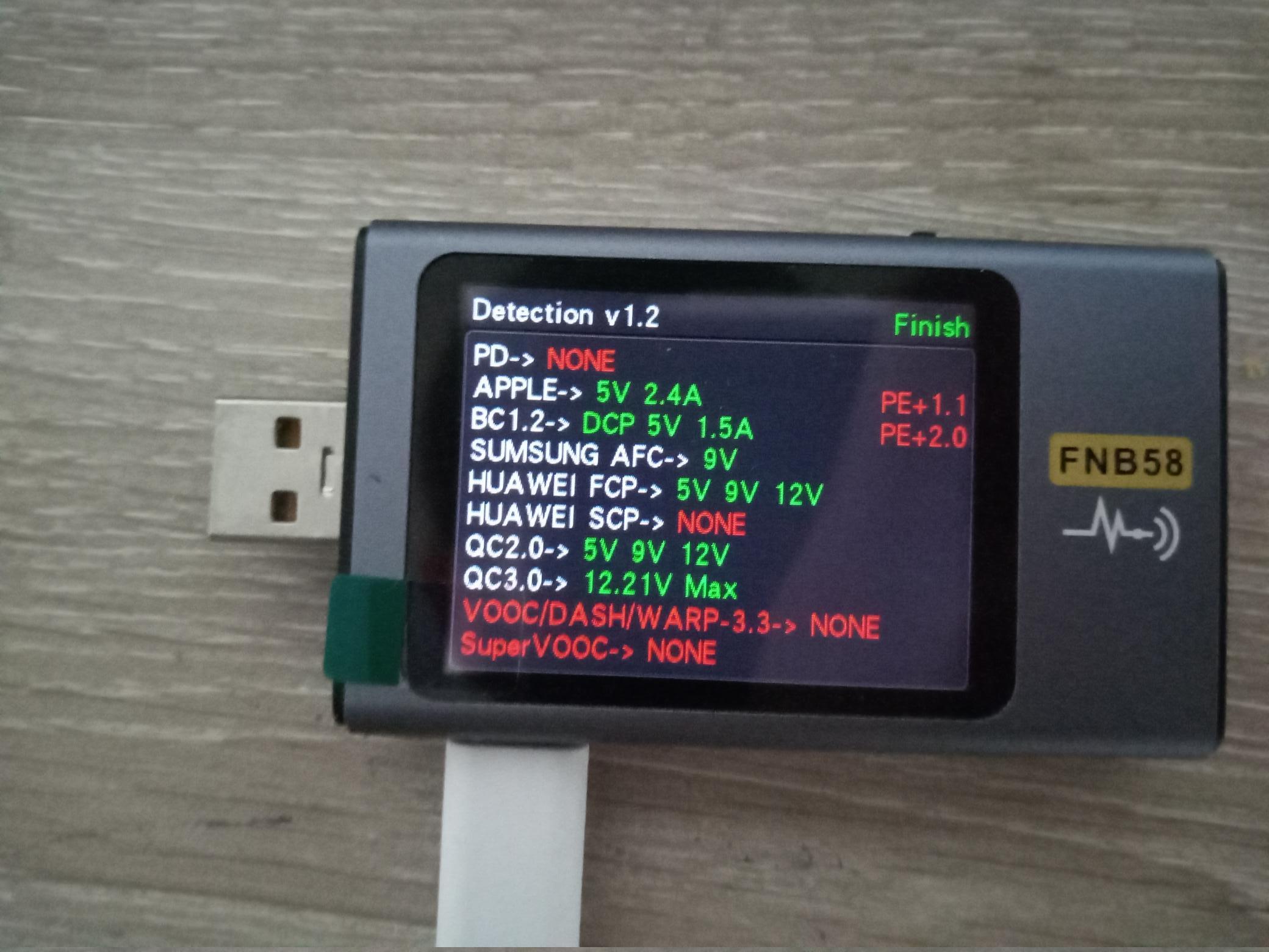 USB charging protocols detection on a borrowed Xiaomi 33 W charger, model MDY-11EZ, with a random unbranded USB A to USB C cable.
