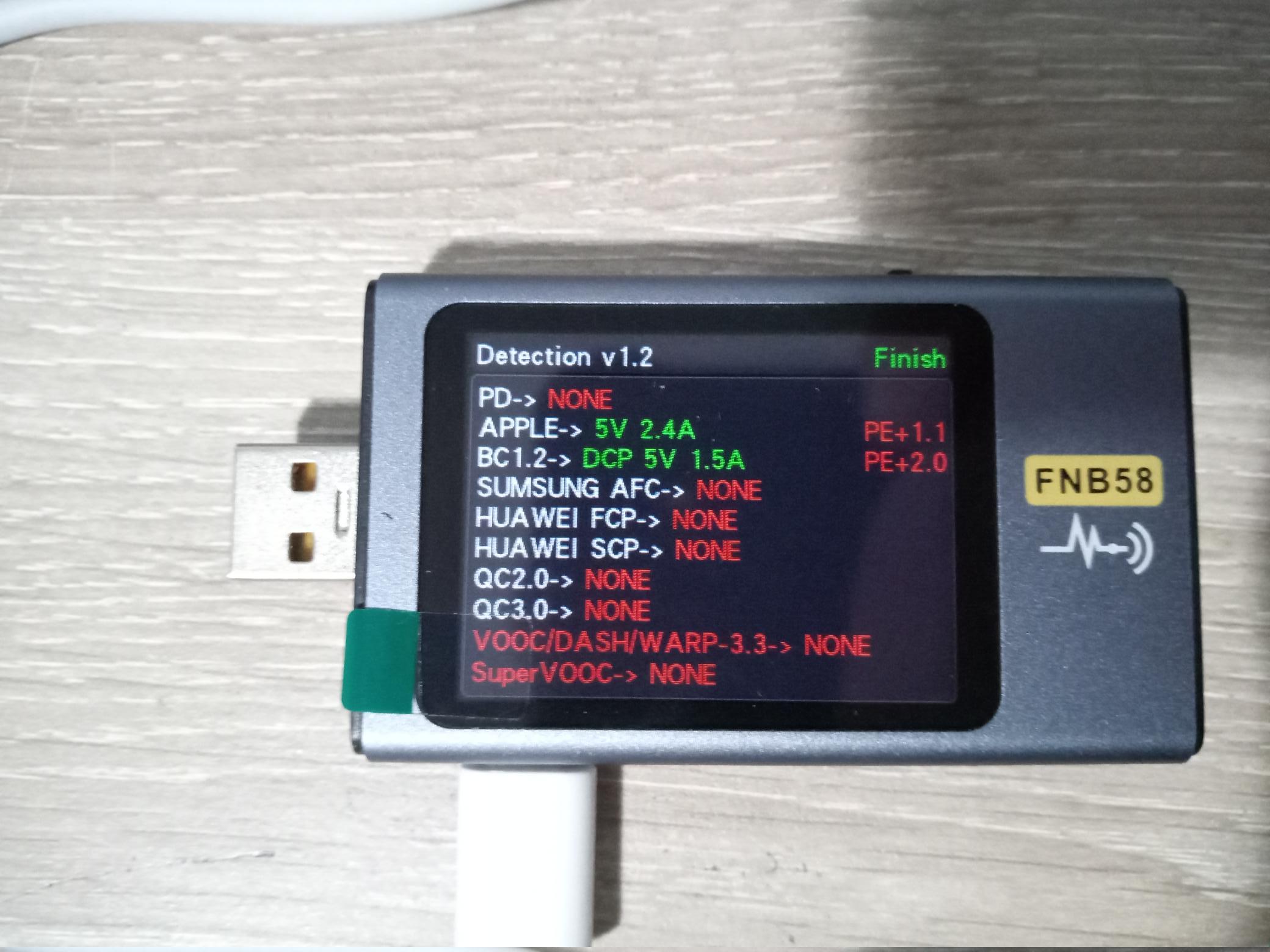 USB charging protocols detection on a BigBen 20 W USB PD charger, model BB8591, with a random unbranded USB A to USB C cable.