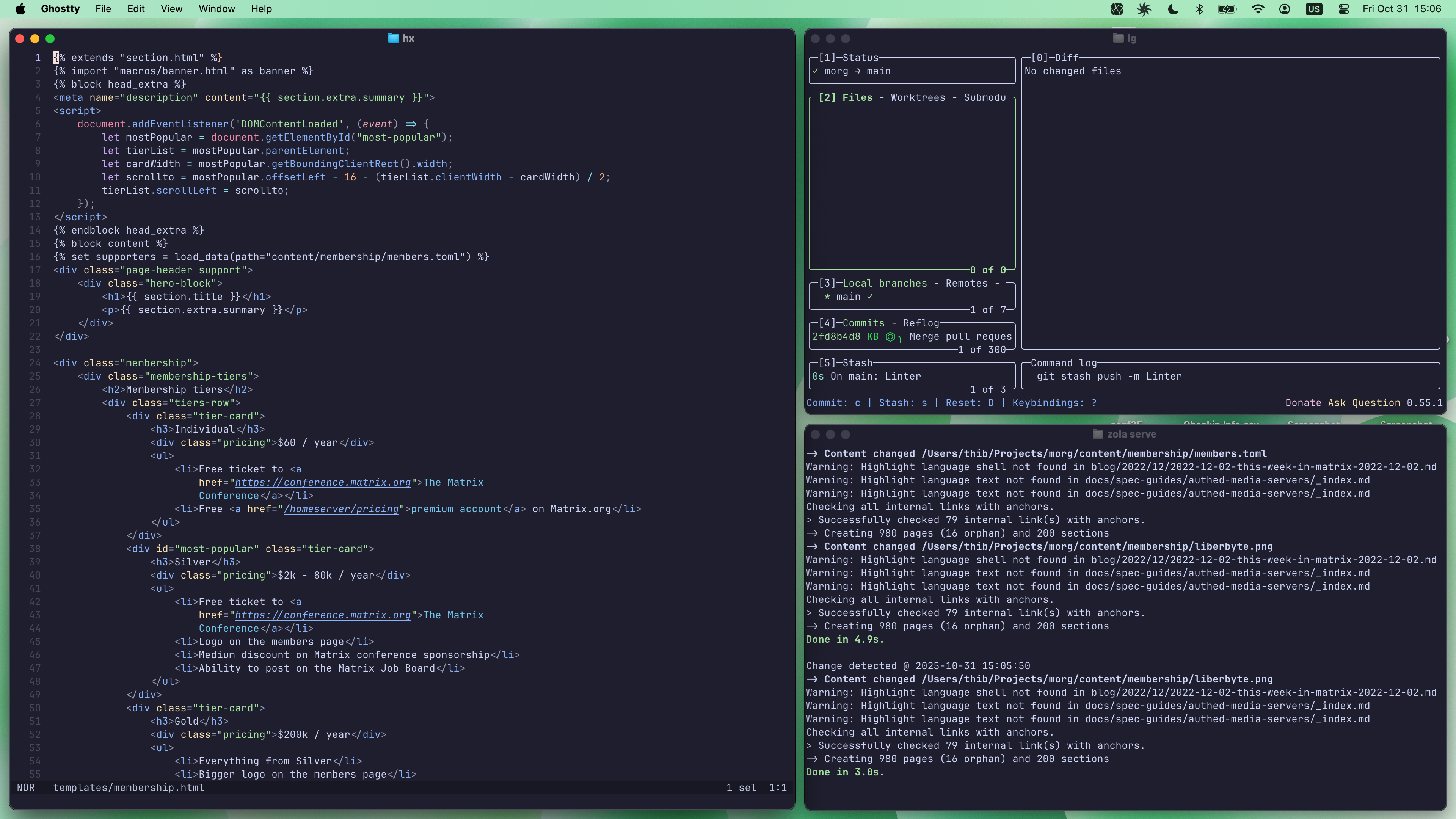 A screenshot of a macOS desktop with three windows open. On the left half of the screen, there's a terminal with the Helix editor open, opening an html file. On the top right there's a terminal with lazygit open. On the bottom right there's a terminal with the output of the `zola serve` command, showing that the website builds.
All windows are perfectly aligned, and the color scheme of their content is consistent. It looks very pleasing to the eye.