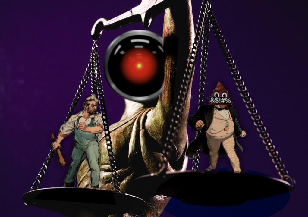 Blind justice holding a set of scales aloft. Her head has been replaced with the hostile red eye of HAL 9000 from Stanley Kubrick's '2001: A Space Odyssey.' On the scales stand a worker and a millionaire, in belligerent postures. The millionaire's head <br />has been replaced with the enshittification poop emoji, with angry eyes and a black, grawlix-scrawled bar over its mouth. Image: Cryteria (modified) https://commons.wikimedia.org/wiki/File:HAL9000.svg CC BY 3.0 <br />https://creativecommons.org/licenses/by/3.0/deed.en