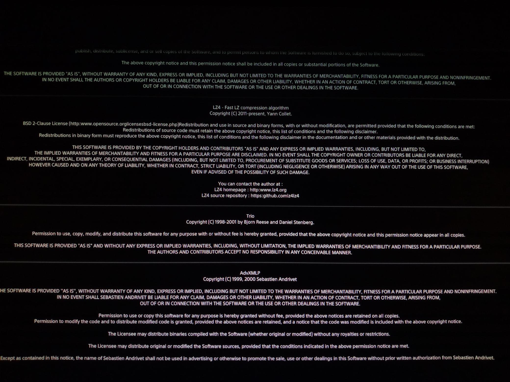 Hideo Kojima's Death Stranding (PS4) open source licenses page, showing multiple FOSS libs, including LZ4/Fast LZ ans Trio libraries