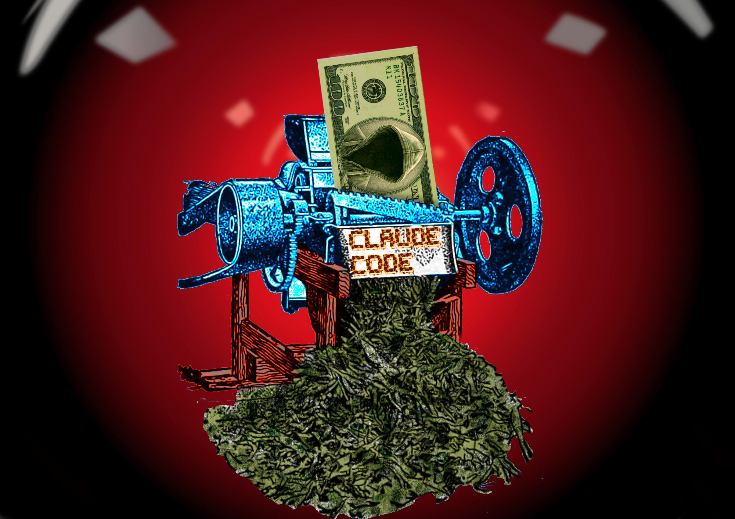 A shredder, shredding a giant US$100 bill. Benjamin Franklin's head has been replaced with a cliched 'hacker in a hoodie' illustration. The machine's faceplate bears the Claude Code wordmark. The background is the hostile red eye of HAL 9000 from Stanley Kubrick's '2001: A Space Odyssey.'

Image:
Cryteria (modified)
https://commons.wikimedia.org/wiki/File:HAL9000.svg

CC BY 3.0
https://creativecommons.org/licenses/by/3.0/deed.en
