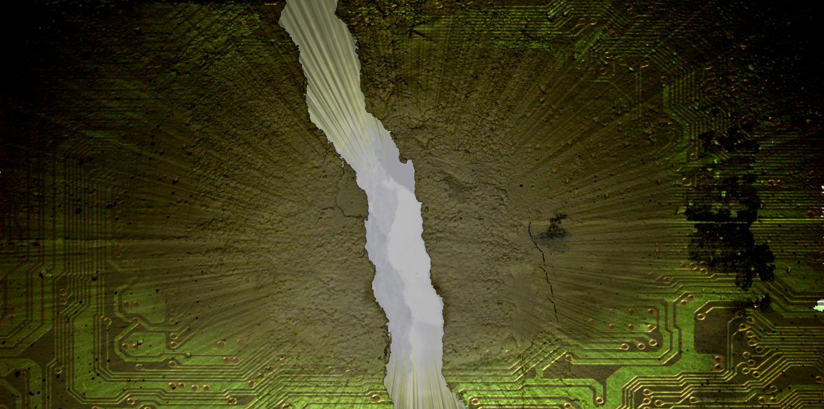 A wall with a crack running through it. Light is flooding through the crack. Circuit board traces are bleeding through the periphery of the wall.


Image:
Joe Mabel (modified)
https://commons.wikimedia.org/wiki/File:Seattle_-_619_Western_-_crack_in_wall.jpg

CC BY-SA 3.0
https://creativecommons.org/licenses/by-sa/3.0/deed.en
