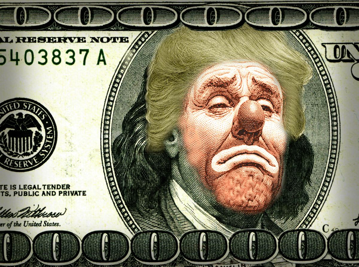 A detail from a US$100 bill showing Benjamin Franklin's portrait. It has been altered. Franklin's face has been overlaid with an orange sad clown, surmounted by Trump's hair. The zeroes in '100' above and below the portrait have been extended to run its entire length.