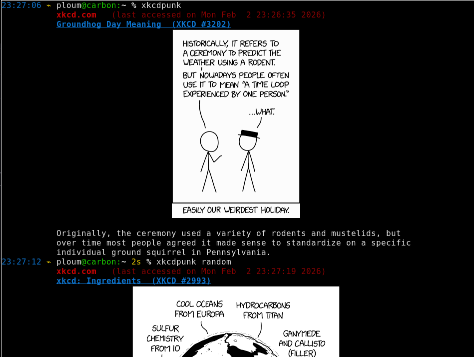 Screenshot on a terminal running xkcdpunk and displaying the latest xkcd comic
