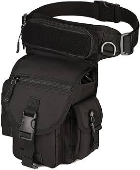 A black thigh bag wit several pockets.