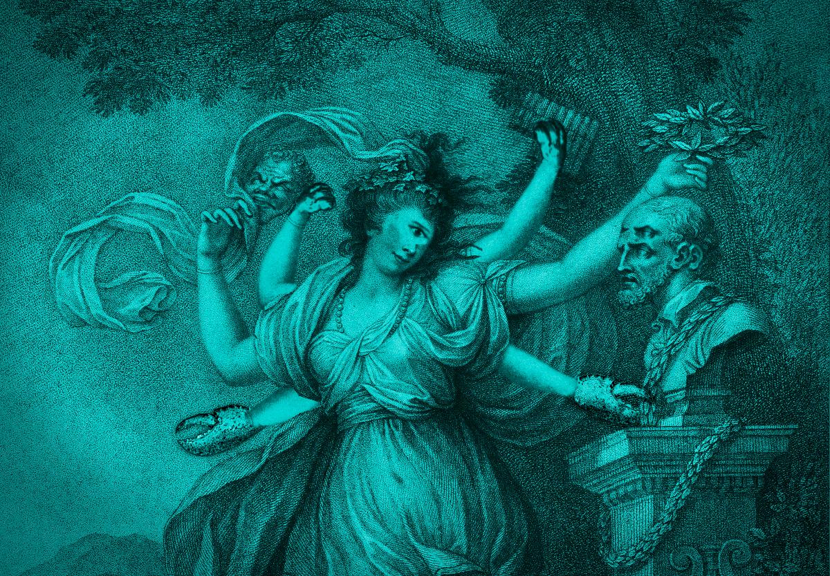 The Muse Thalia, pictured brandishing a comedy mask and putting a laurel wreath on a bust of a bearded figure. It has been altered. The bust has an extra set of eyes and ears. Thalia has two extra sets of arms, one ending in lion's paws, the other in lobster's claws. She has one cyclopean eye. Her comedy mask is now a tragedy mask. The image has been tinted blue.