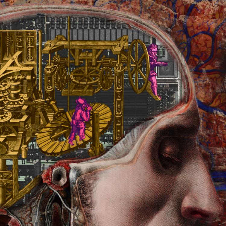 A cross-section of a man's head. His brain has been replaced with an intricate mass of wooden gearing, being pumped and cranked by three 16th century druges. Behind them is a blown up view of a microchip. Behind the head is a stylized illustration of grey matter, blown out with lots of saturation and blended in places with tumbled rocks.
Image:
ZeptoBars (modified)
https://commons.wikimedia.org/wiki/File:Microchip-24lcs52-HD.jpg
CC BY 3.0
https://creativecommons.org/licenses/by/3.0/deed.en